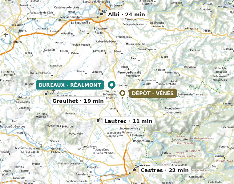 Carte de situation : les bureaux à Réalmont et le dépôt à Vénès, à une vingtaine de minutes d'Albi, de Castres et de Graulhet