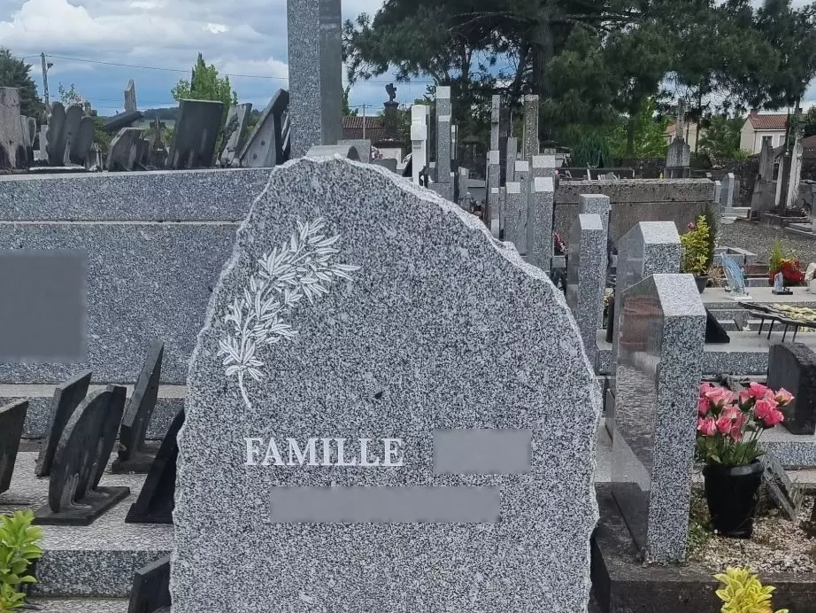 Monument funéraire en granit gris, stèle aux bords bruts ornée d'une branche gravée, tombale garnie de galets blancs
